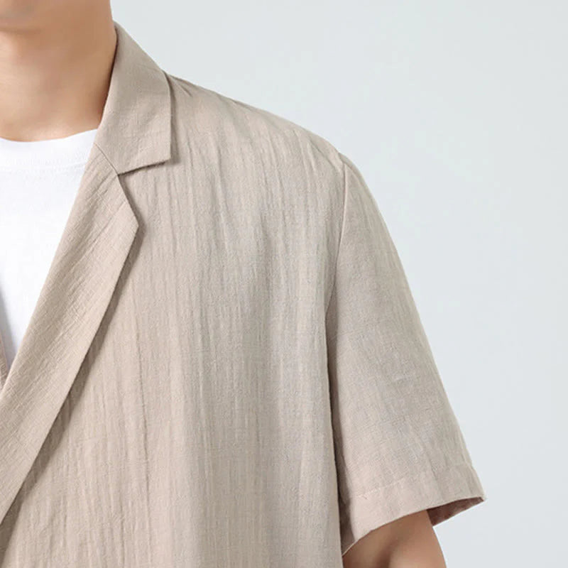 Buddha Stones Spring Plain Asymmetrical Lapel Collar Short Sleeve Men's Cotton Linen Shirt With Pockets