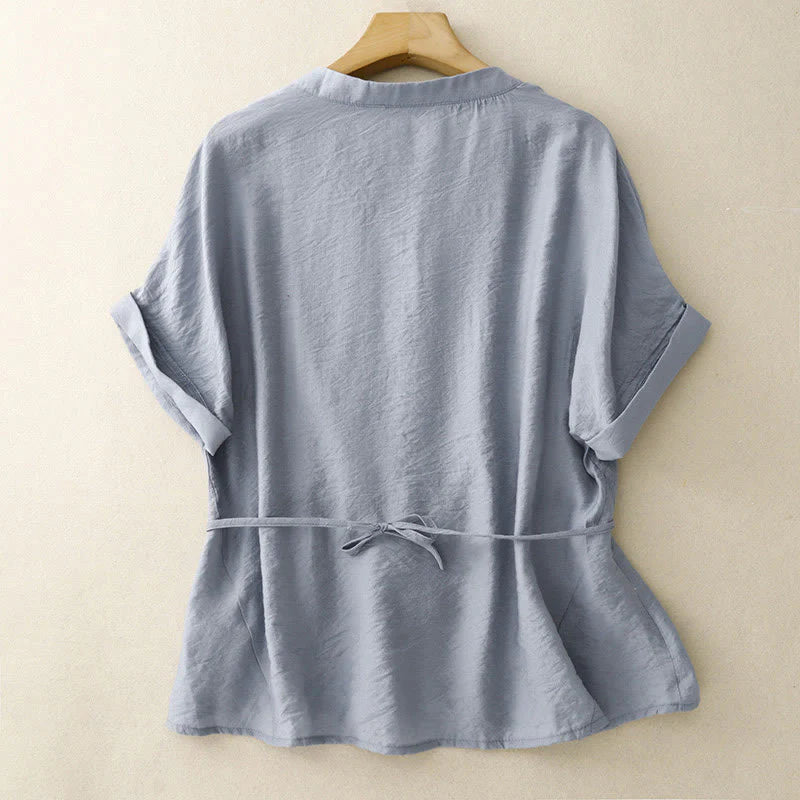Buddha Stones Summer Button Lace-up Short Sleeve Women's Cotton Shirt
