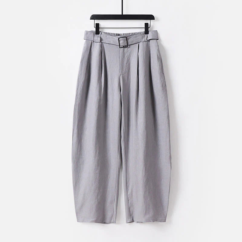 Buddha Stones Summer Zipper Elastic Waist Design Men's Cotton Linen Wide Leg Pants With Pockets