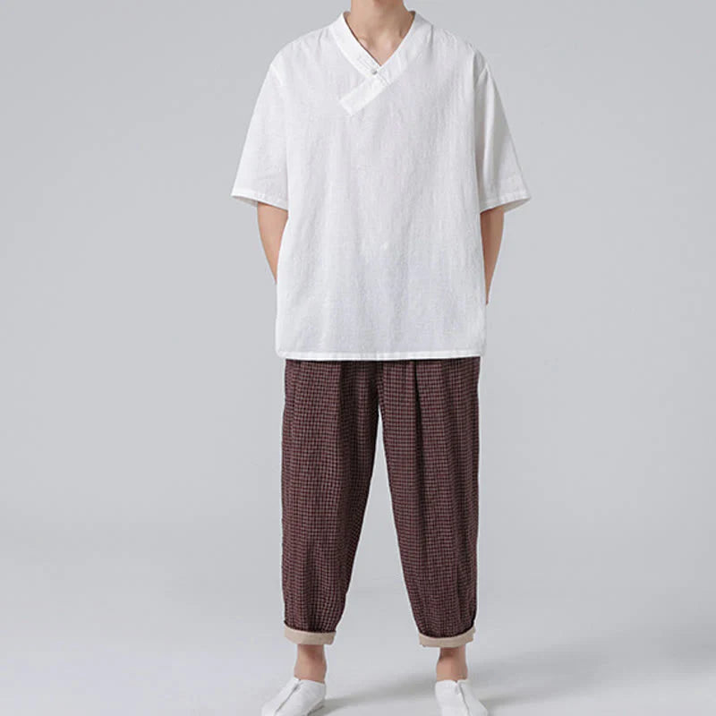 Buddha Stones Ethnic Distressed Jacquard Frog-Button Men's Stand Collar Half Sleeve Cotton Linen Shirt Tai Chi Clothes