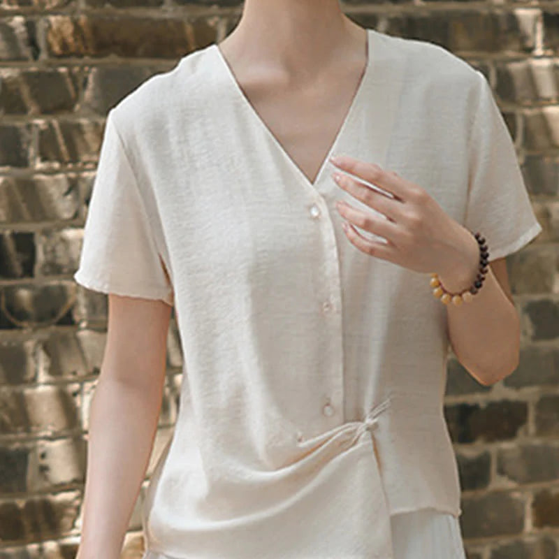 Buddha Stones Button Irregular Design V-Neck Cotton Linen Women's Short Sleeve Shirt