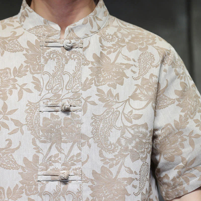 Buddha Stones Casual Jacquard Paisley Flower Plant Pattern Frog-Button Design Men's Cotton Shirt Cardigan With Pockets