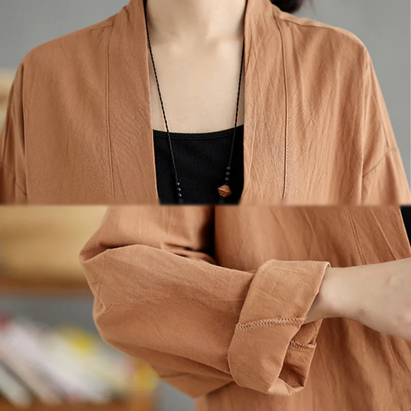 Buddha Stones Casual Vintage Plain Long Sleeve Open Front Cardigan Cotton Linen Jacket With Pockets