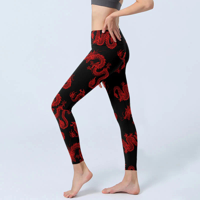 Buddha Stones Red Dragon Pattern Gym Leggings Women's Yoga Pants