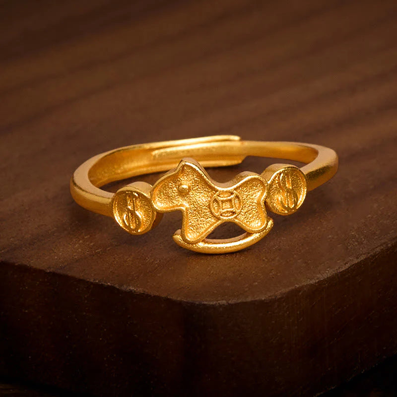 Buddha Stones Year Of The Horse 24k Gold Plated Brass Copper Coin Adjustable Ring