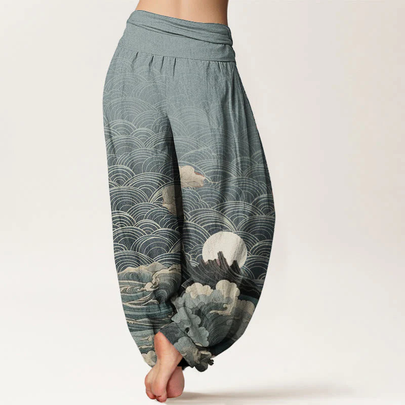 Buddha Stones Cotton Casual Wave Moon Mountain Pattern Women's Elastic Waist Harem Pants