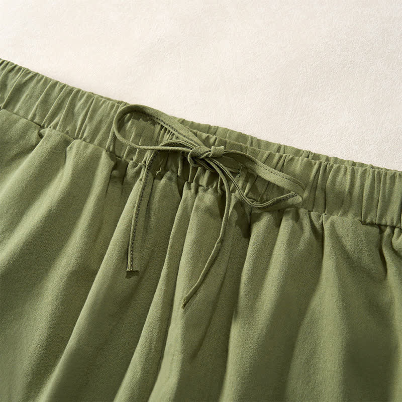Buddha Stones Summer Lace-trimmed Hem Solid Color Women's Tapered Pants With Pockets