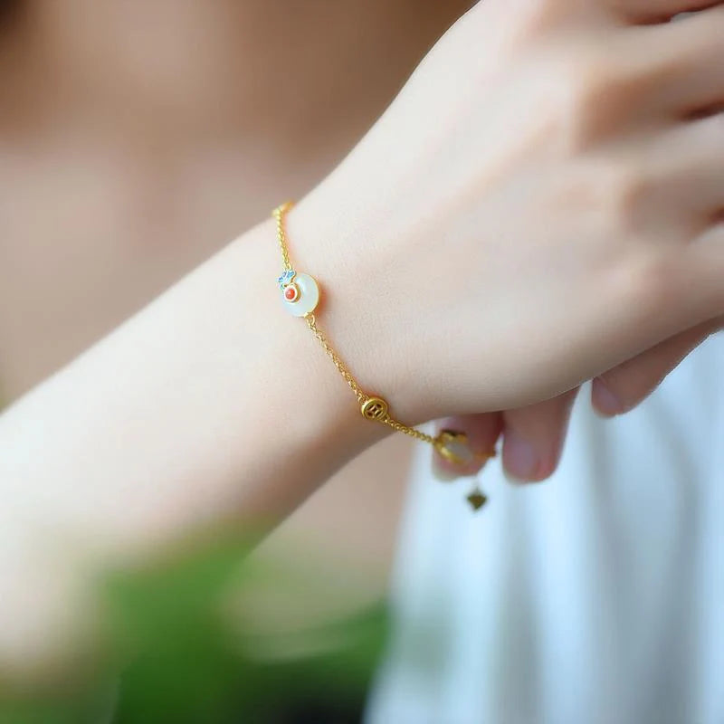 Buddha Stones Peace Buckle White Jade Luck Copper Bracelet
