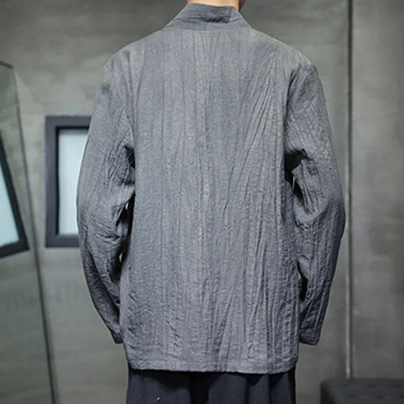 Buddha Stones Plain V-Neck Long Sleeve Men's Linen Shirt