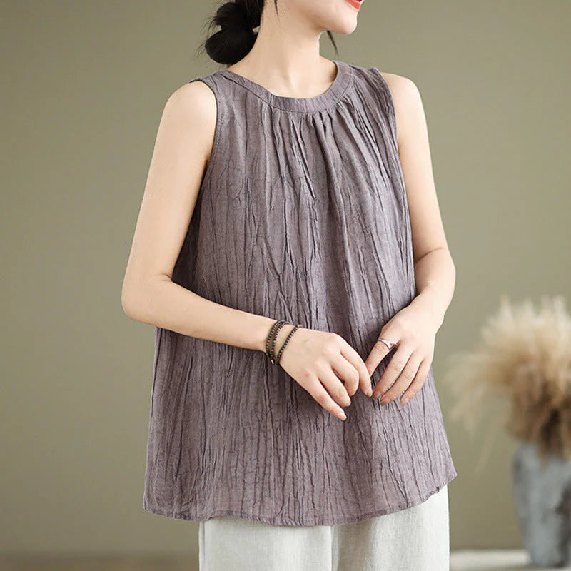 Buddha Stones Summer Wrinkles Simple Design Crew Neck Cotton Linen Women's Sleeveless Vest Waistcoat