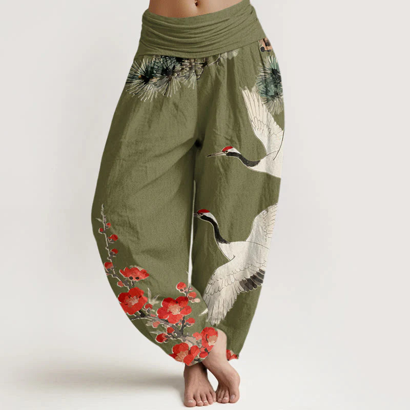 Buddha Stones Print Cranes Plum Blossoms Pattern Women's Elastic Waist Harem Cotton Pants