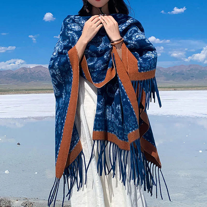 Buddha Stones Navy Paisley Pattern Patchwork Design Tassel Scarf Shawl