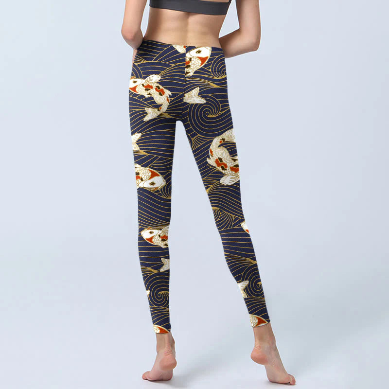 Buddha Stones White Red Koi Fish Ocean Waves Print Gym Leggings Women's Yoga Pants