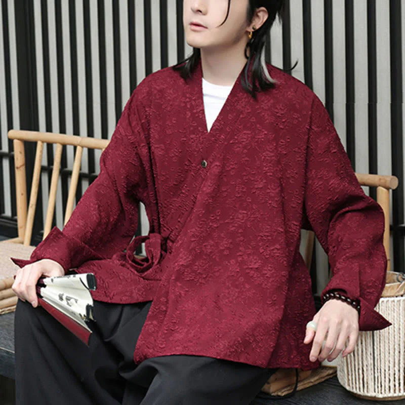 Buddha Stones Spring V-Neck Floral Men's Lace-up Design Long Sleeve Shirt