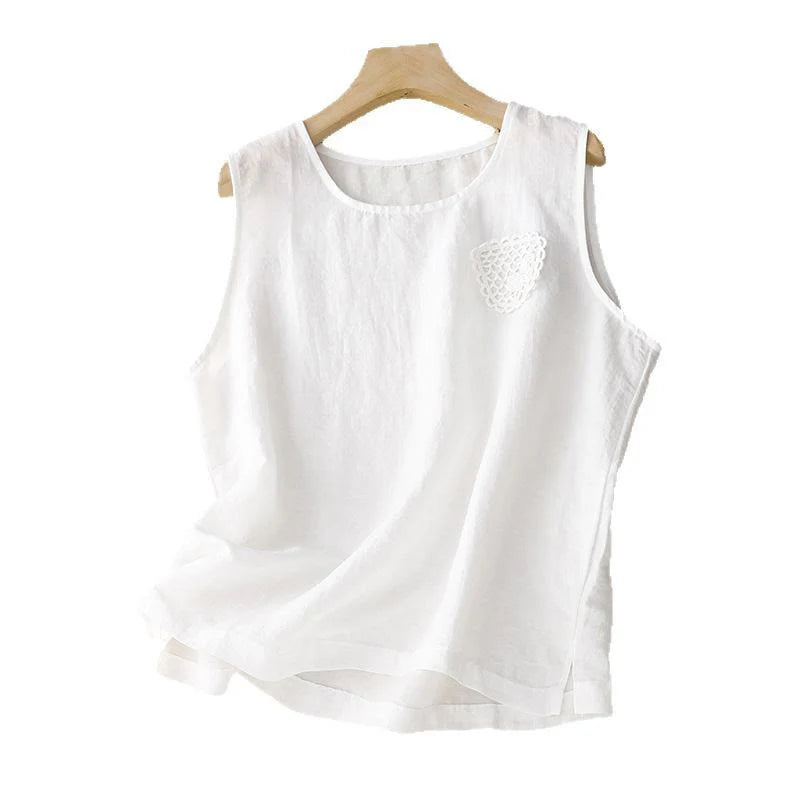 Buddha Stones Casual Pure Color Embroidery Patchwork Design Sleeveless Crew Neck Women's Cotton Linen Vest