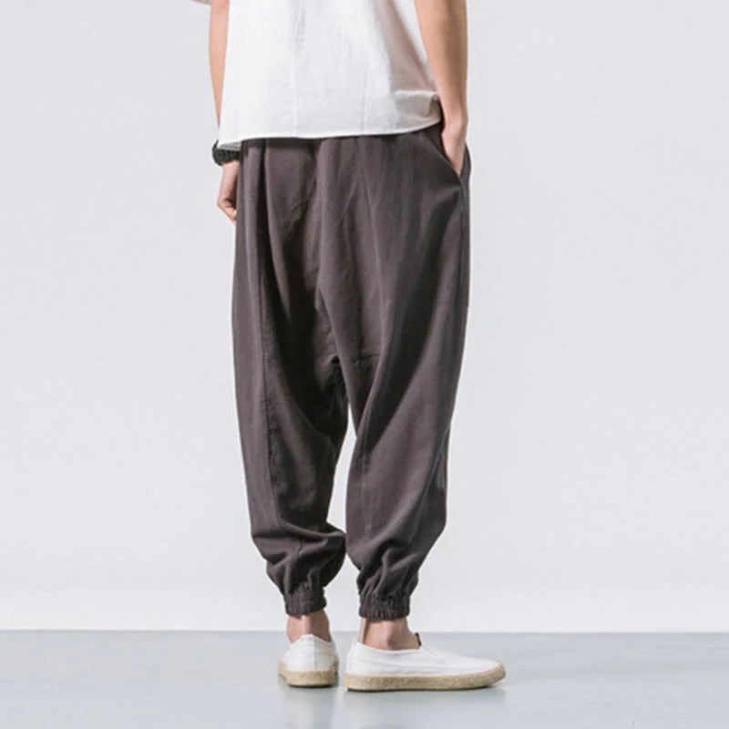Buddha Stones Men's Plain Simple Drawstring Design Cotton Harem Pants With Pockets