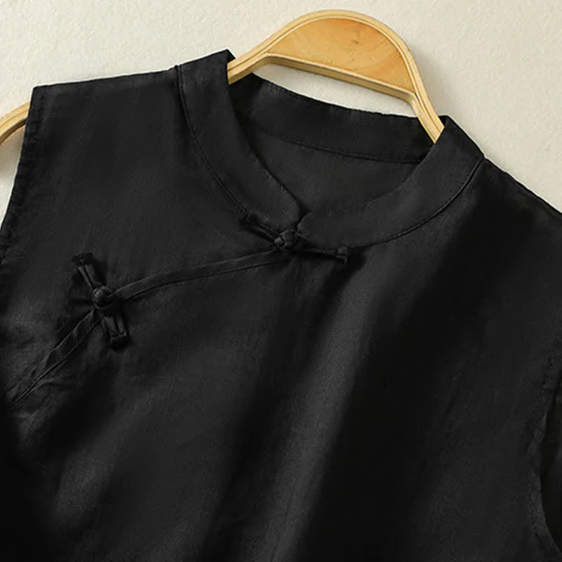 Buddha Stones Summer Retro Plain Frog-Button Stand Collar Women's Sleeveless Vest