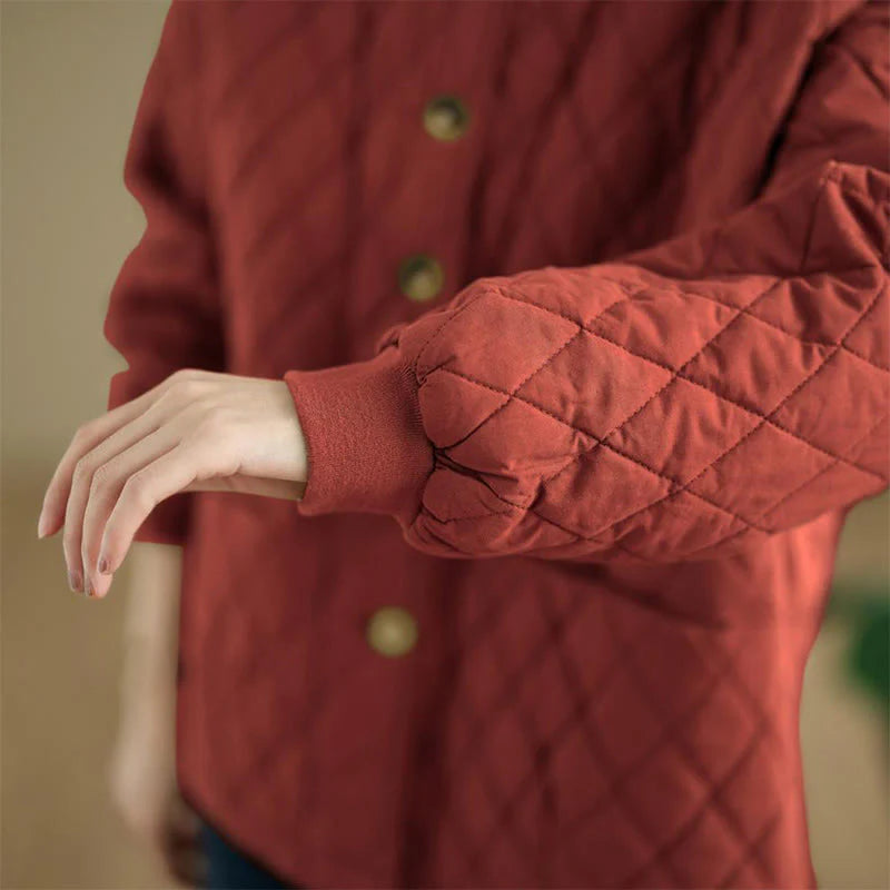 Buddha Stones Diamond Grid Pattern Women's Long Sleeve Cotton Thickened Jacket With Pockets