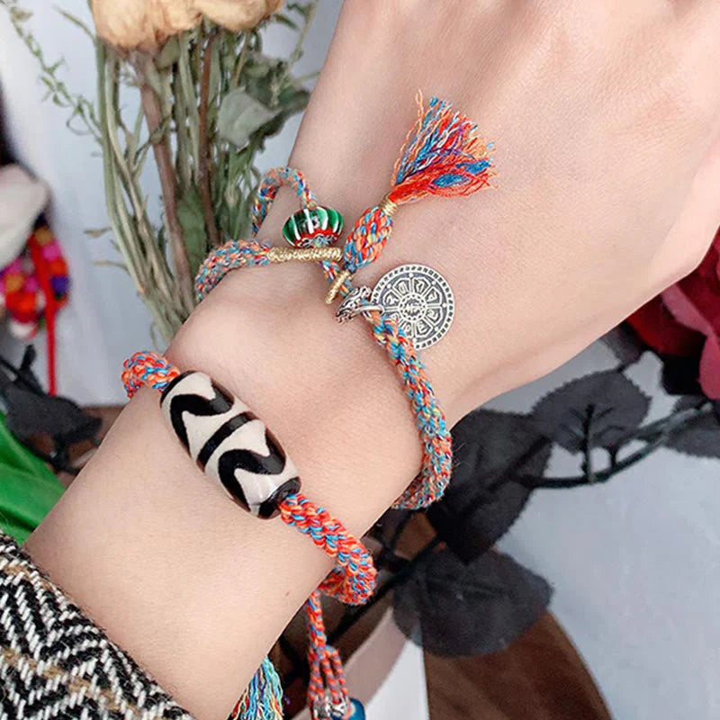 Buddha Stones Tibetan 925 Sterling Silver Om Mani Padme Hum Handmade Dzi Bead Protection Braid Bracelet