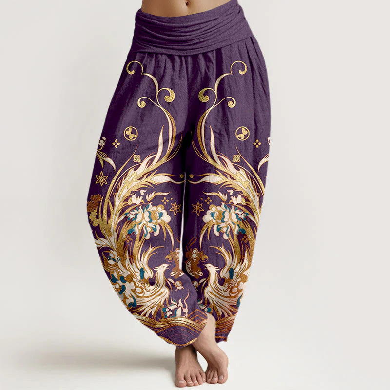 Buddha Stones Cotton Phoenix Butterfly Flower Pattern Women's Elastic Waist Harem Pants