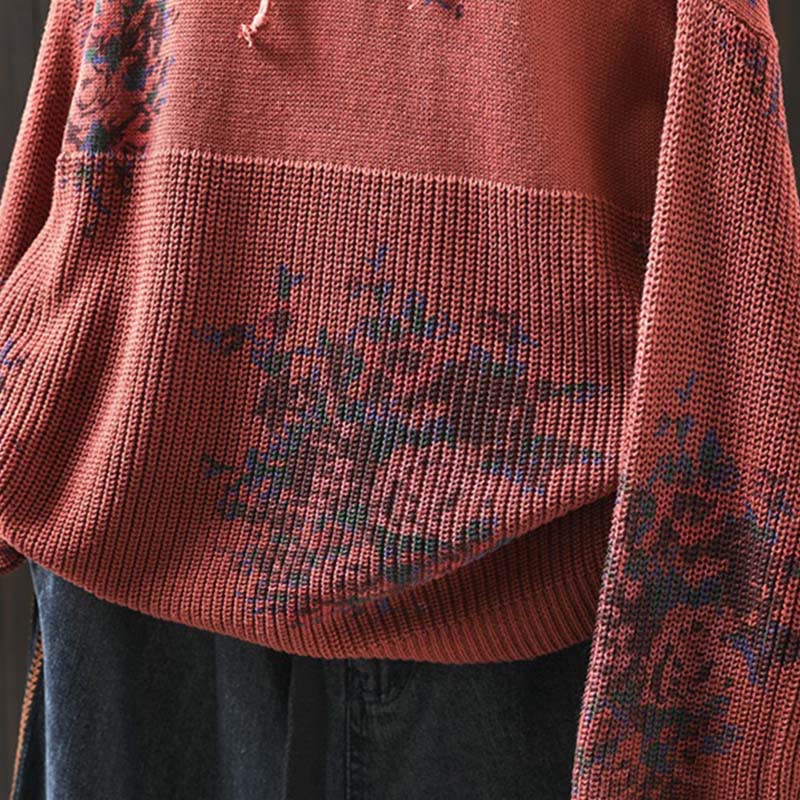 Buddha Stones Women's Knitted Floral Cotton Long Sleeve Hooded Sweater