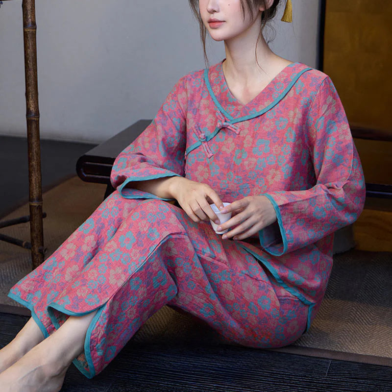 Buddha Stones 2pcs Floral Pattern Frog-Button Long Sleeve Round Neck Shirt Pants Cotton Pajamas Set