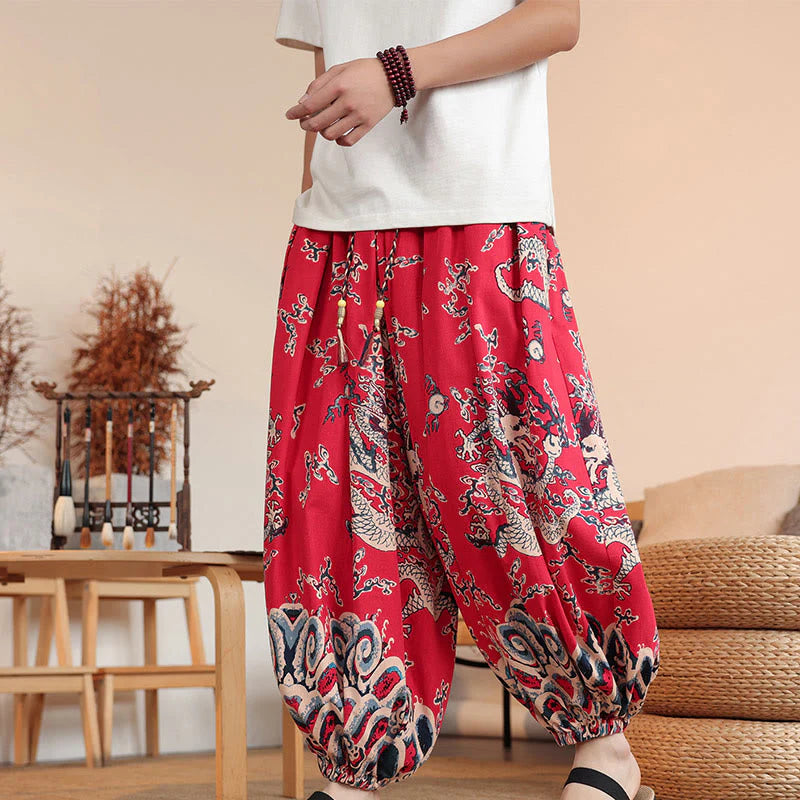 Buddha Stones Dragon Print Cotton Men's Harem Ankle-Length Pants With Pockets