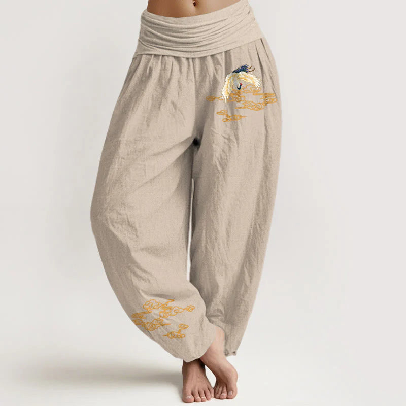 Buddha Stones Plain Crane Auspicious Clouds Pattern Women's Elastic Waist Harem Cotton Pants