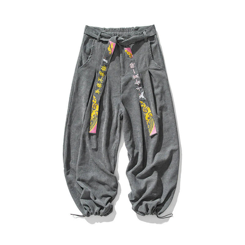 Buddha Stones Fall Winter Lace-up Chinese Character Embroidery Men's Corduroy Pants With Pockets