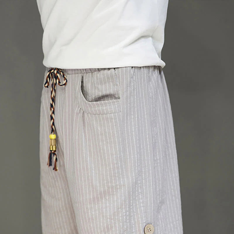 Buddha Stones Casual White Stripes Pattern Drawstring Button Design Men's Cotton Cropped Harem Pants With Pockets