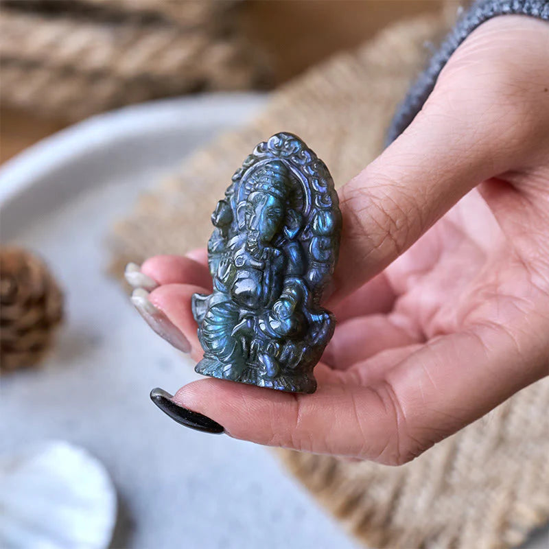 Buddha Stones Ganesh Ganpati Elephant Figurine Labradorite Healing Statue Home Decoration
