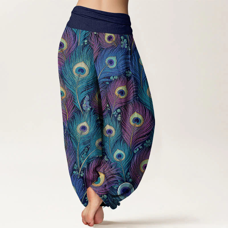Buddha Stones Peacock Feathers Pattern Pure Cotton Women's Elastic Waist Harem Pants
