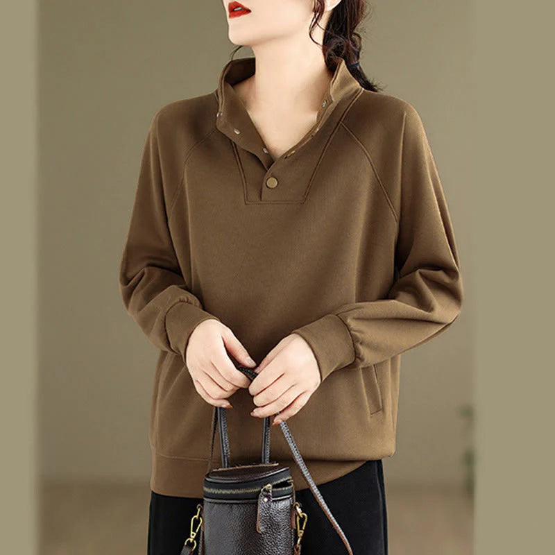 Buddha Stones Fall Solid Stand Collar Buttons Design Long Sleeve Women's Cotton Sweatshirt