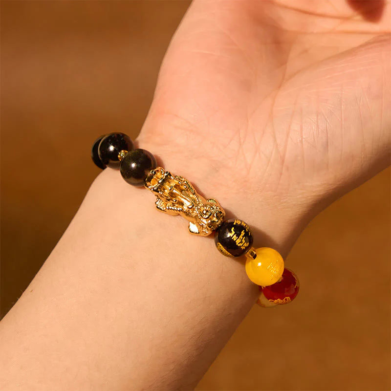 Buddha Stones Natural Gold Sheen Obsidian PiXiu Five Directions Gods of Wealth Protection Bracelet