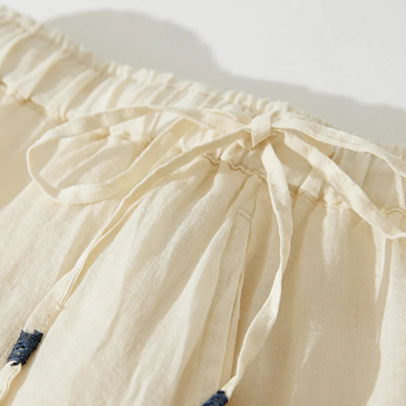 Buddha Stones Embroidery Hollow Design A-line Drawstring High Waist Women's Skirt With Pockets