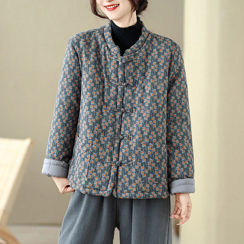 Buddha Stones Winter Frog-button Floral Long Sleeve Women's Thickened Cotton Jacket With Pockets
