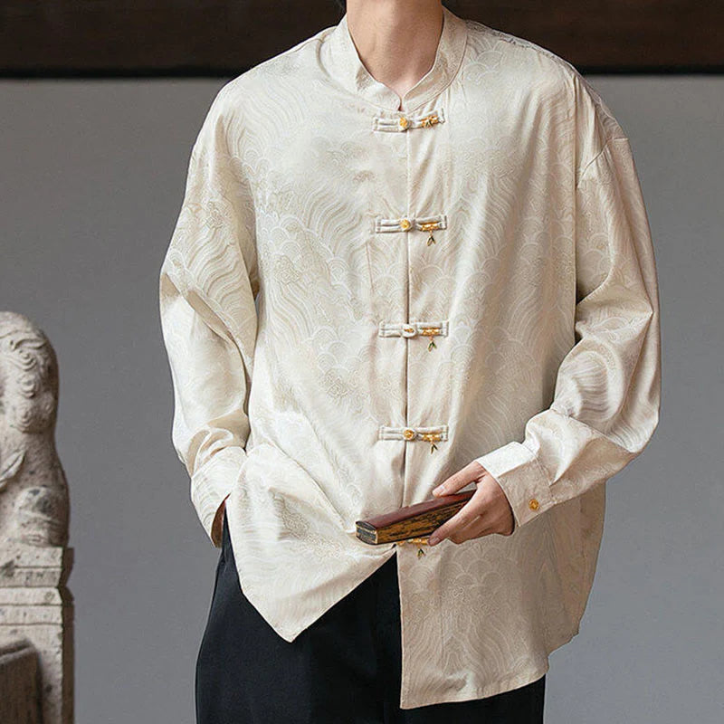 Buddha Stones Chinese Frog-Button Bamboo Shape Design Stand Collar Men's Long Sleeve Shirt