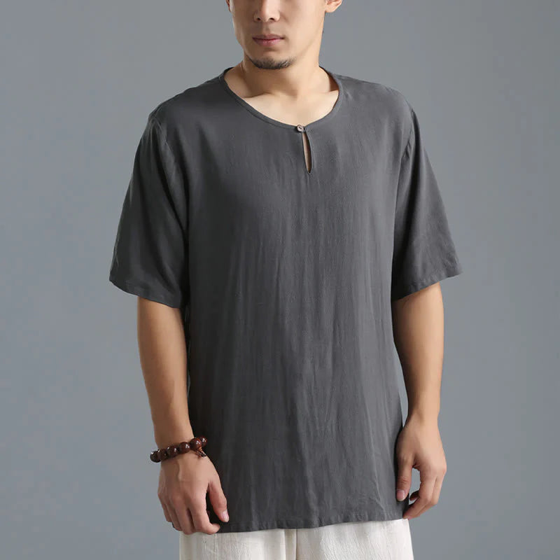 Buddha Stones Men's Solid Color Round Neck Short Sleeve CottonÂ Linen Shirt