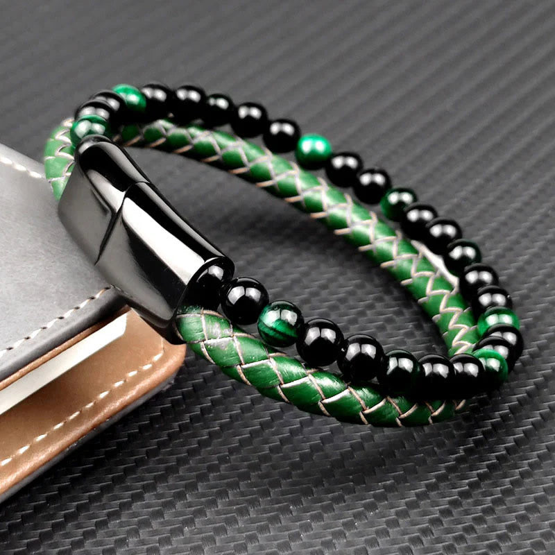 Buddha Stones Green Tiger Eye Double Wrap Braided Leather Strength Bracelet