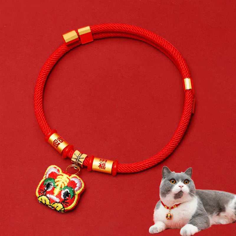Buddha Stones Red String Plaited Embroidery Tiger Fu Character Protection Adjustable Cats Dogs Pet Collar
