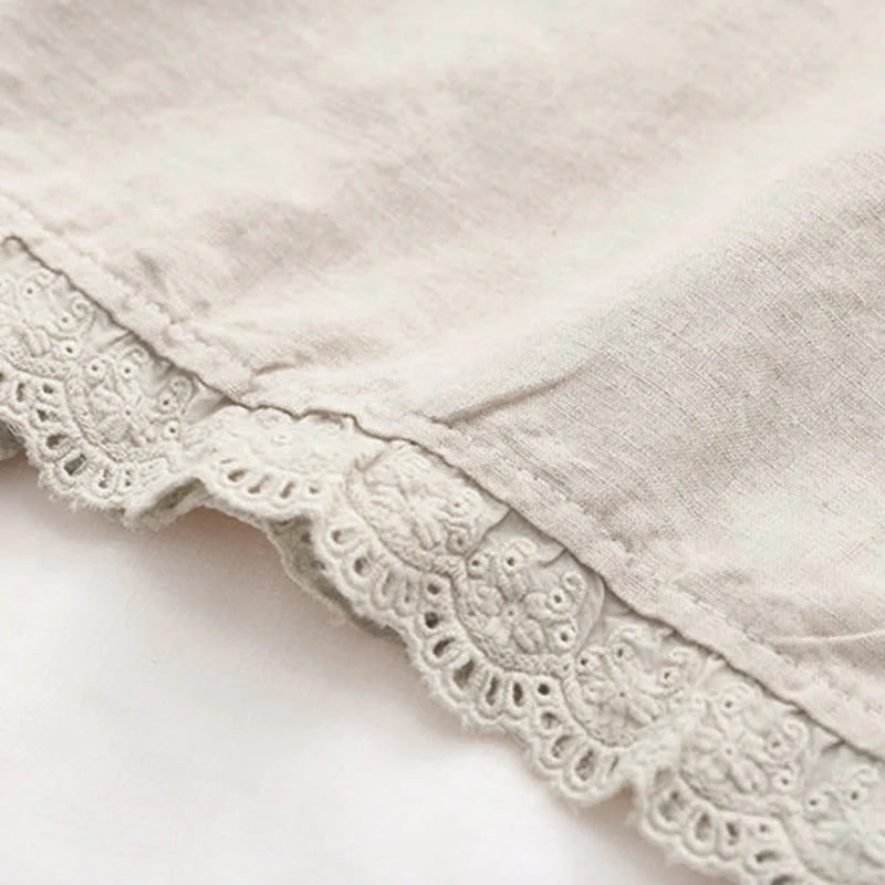 Buddha Stones Fall Beige Floral Grass Embroidery Buttons Women's Cotton Long Sleeve Shirt