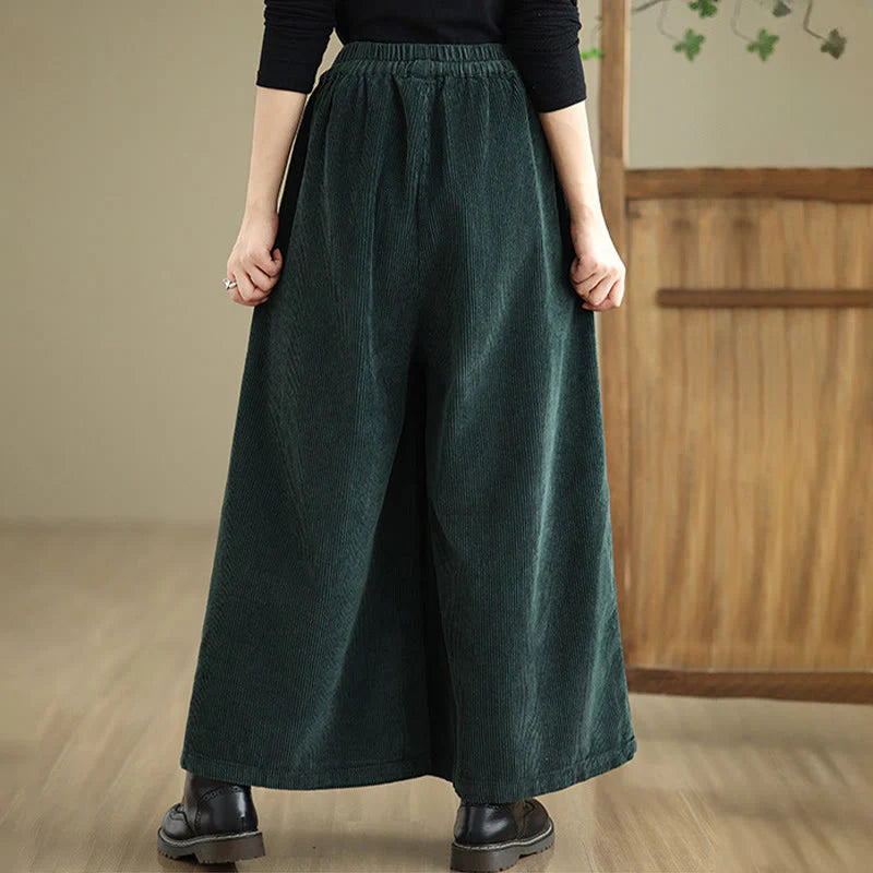 Buddha Stones Women's Pure Color Drawstring Design Wide Leg Corduroy Pants With Pockets