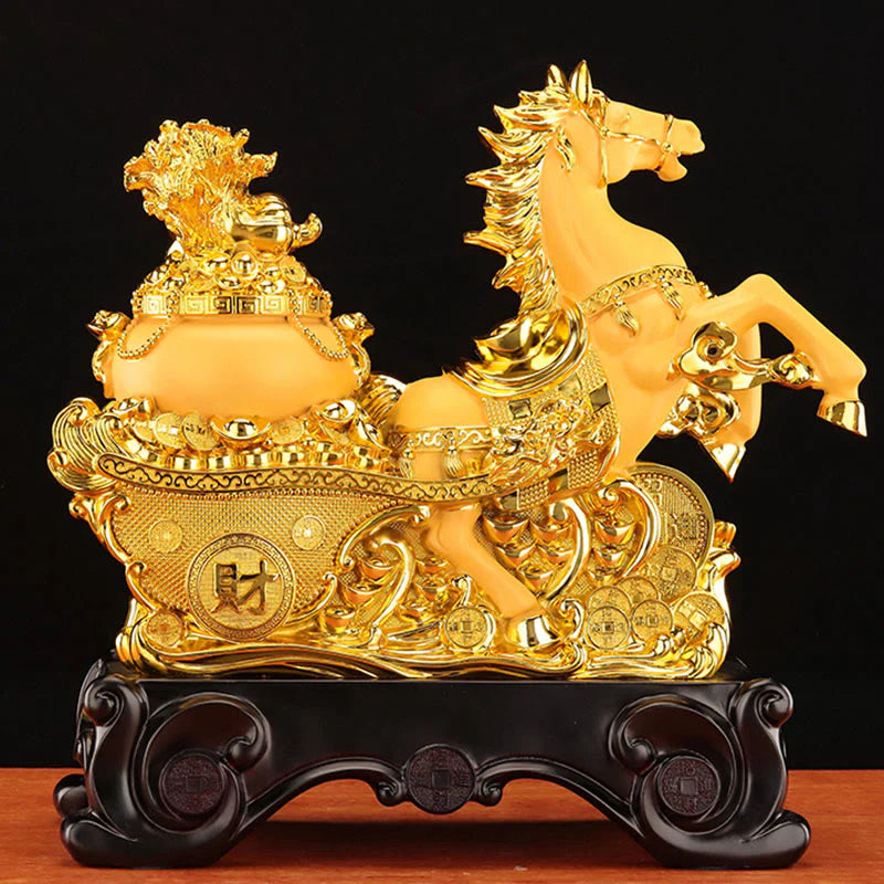 Buddha Stones  Good Fortune Year of the Horse Treasure Bowl Ingots Wealth Resin Home Decoration