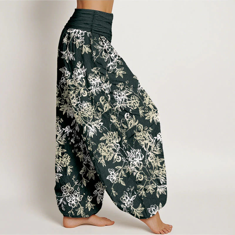Buddha Stones Cotton Retro Layered Petals Pattern Women's Elastic Waist Harem Pants