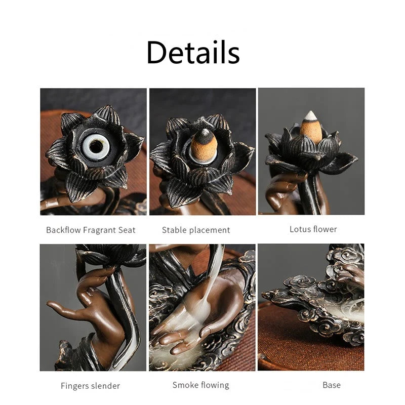 Buddha Stones Lotus Buddha Hand Auspicious Clouds Pattern Meditation Resin Backflow Incense Burner