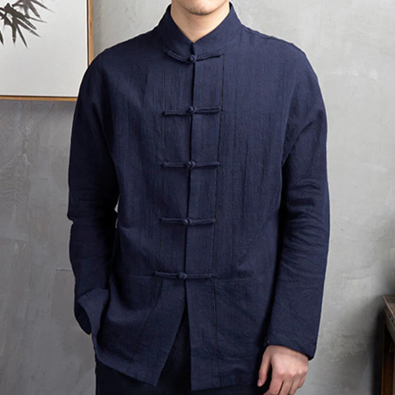 Buddha Stones Solid Color Casual Frog-button Men's Shirt Clothing