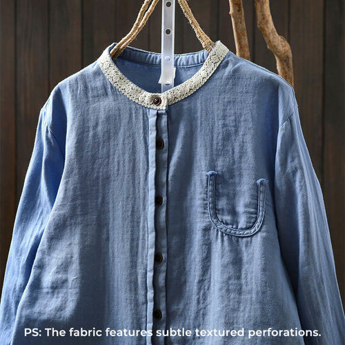 Buddha Stones Spring Fall Lace Collar Button Down Long Sleeve Women's Cotton Shirt
