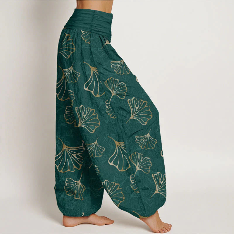 Buddha Stones Pure Cotton Minimalist Style Ginkgo Leaves Pattern Women's Elastic Waist Harem Pants