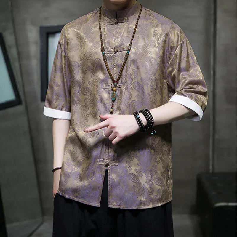 Buddha Stones Summer Cashew Flowers Pattern Men's Frog-Button Half Sleeve Shirts