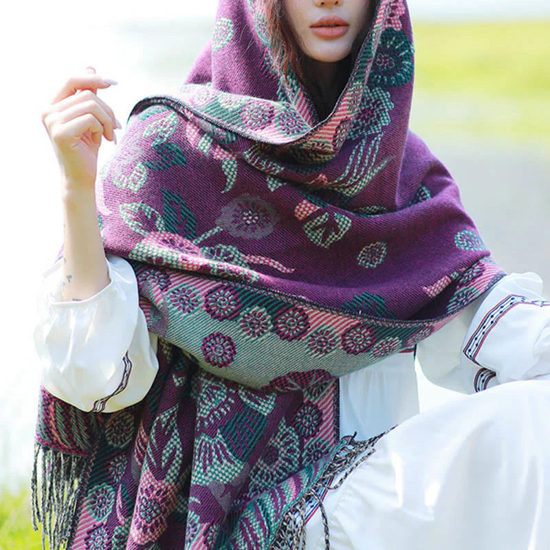 Buddha Stones Jacquard Ethnic Paisley Plants Pattern Tassel Soft Thermal Scarf Shawl